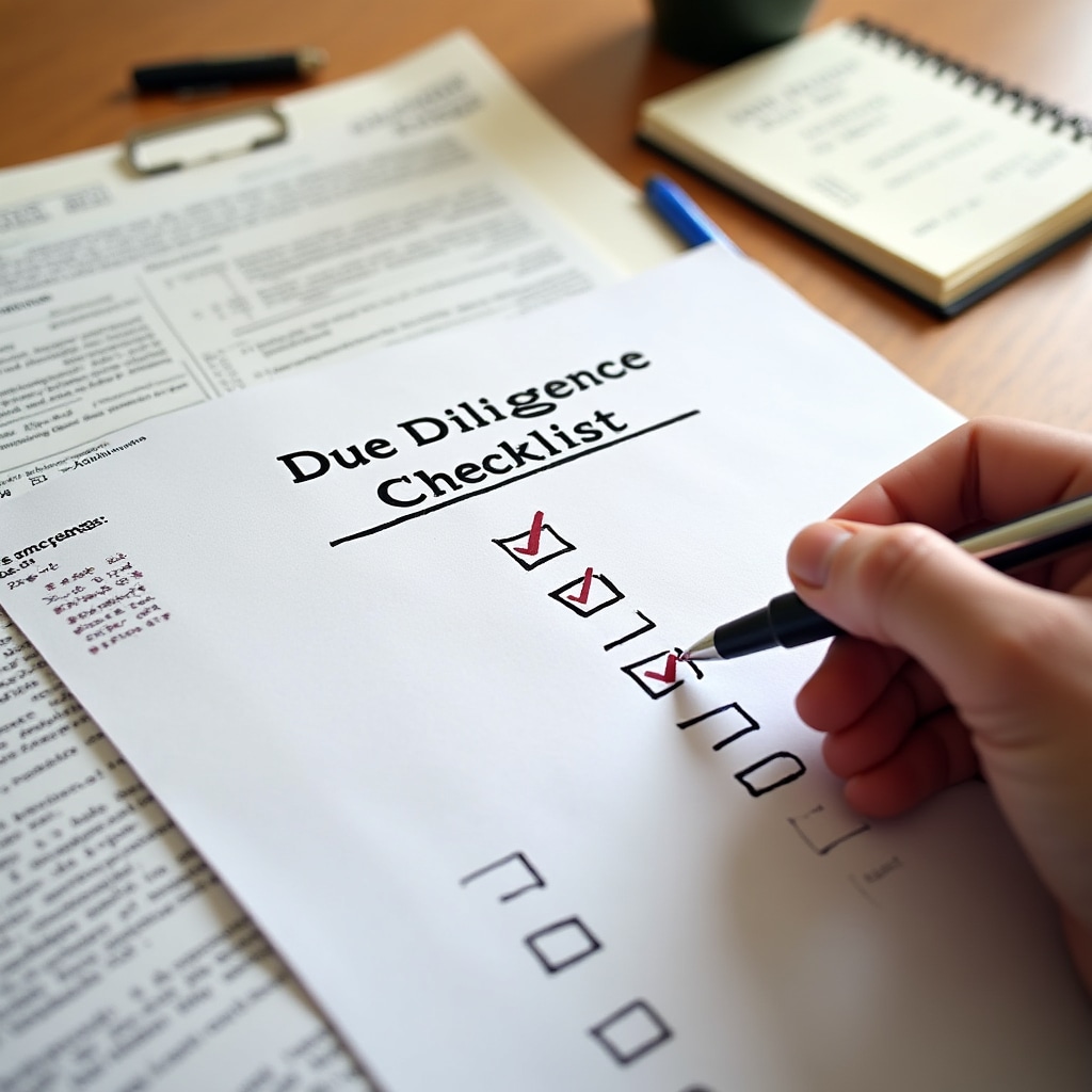 Checklist de due diligence y documentos de revisión sobre un escritorio