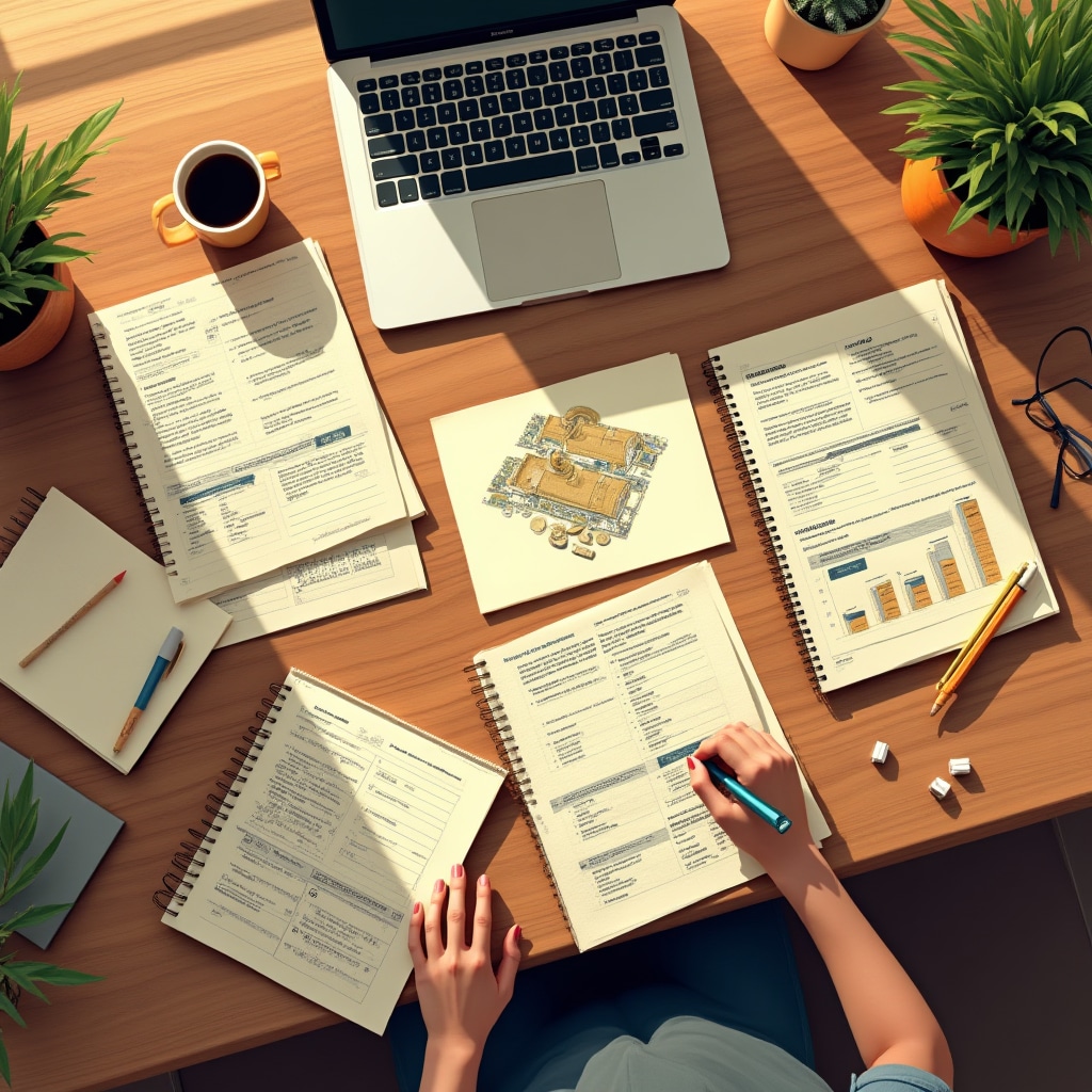 Financial education materials and documents spread on a desk