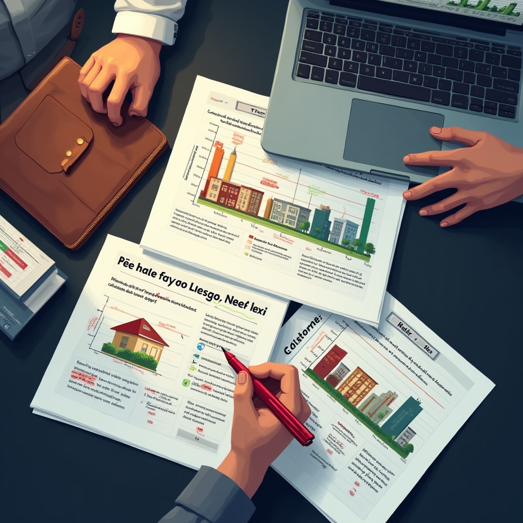 Documentos de evaluación de riesgos y gráficos de análisis para inversión inmobiliaria
